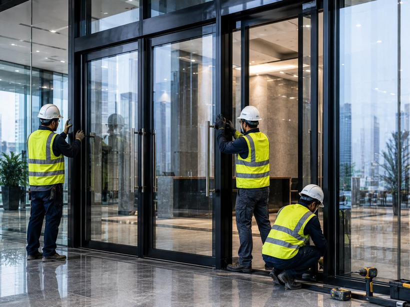 Team installing an aluminium entrance door set