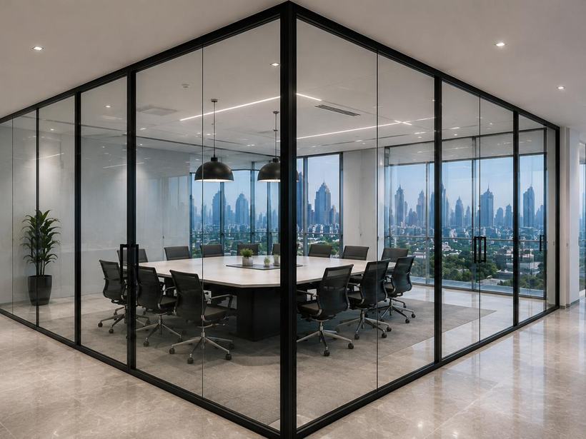 Aluminium framed glass partitions enclosing a boardroom