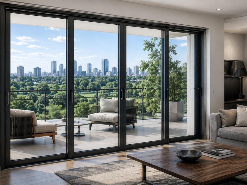 Aluminium sliding doors framing a city view from a living space