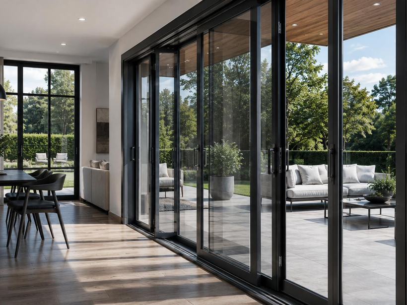 Wide aluminium sliding doors opening a living space onto a terrace