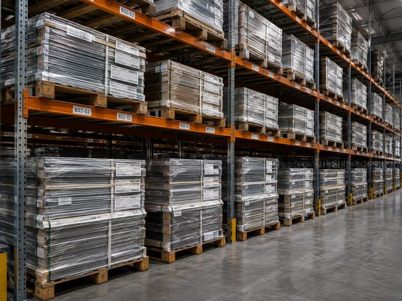 Palletised aluminium stock racked in a supply warehouse