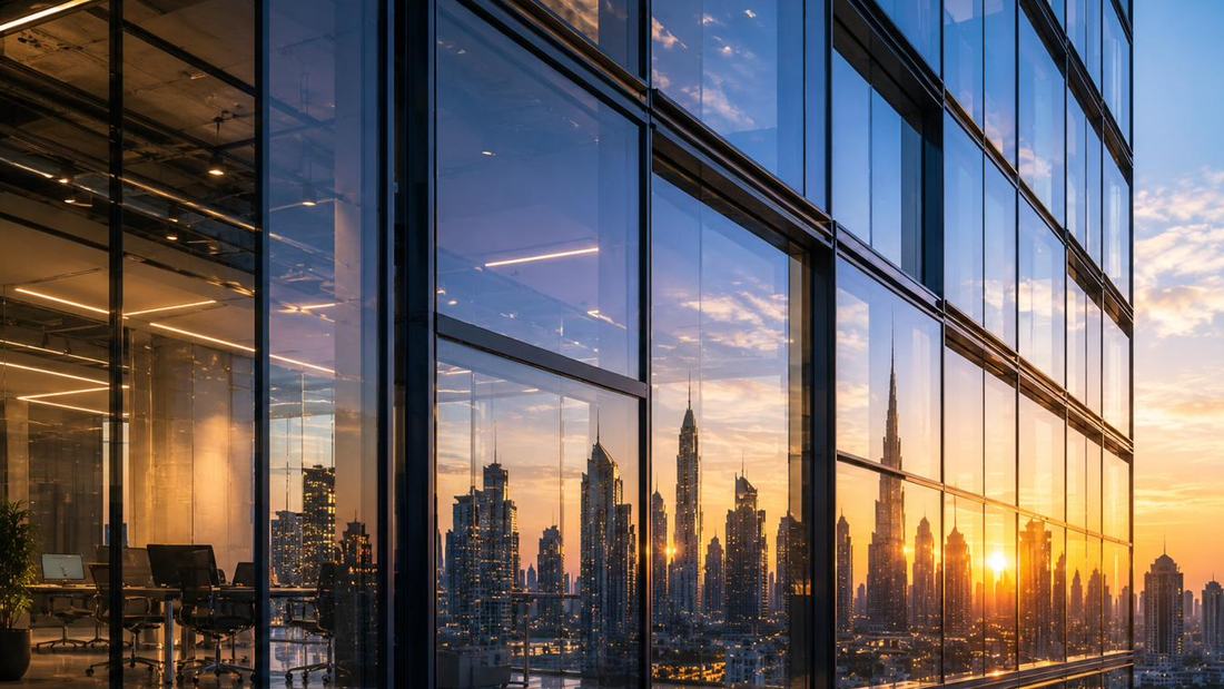 Architectural glass façade reflecting a Dubai sunset skyline