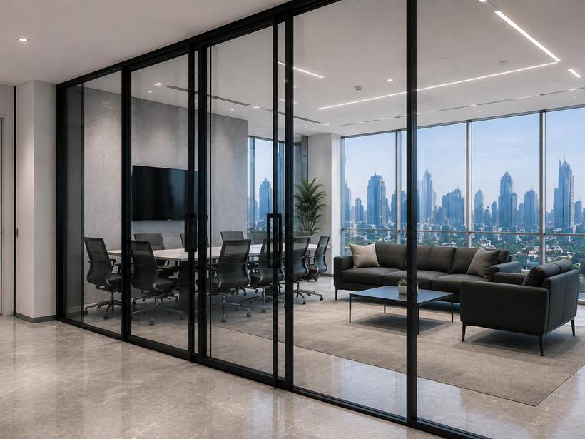 Black framed glass partitions dividing an open plan office