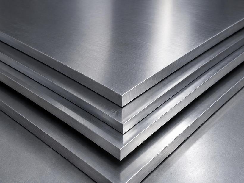 Brushed finish aluminium sheets stacked in layers