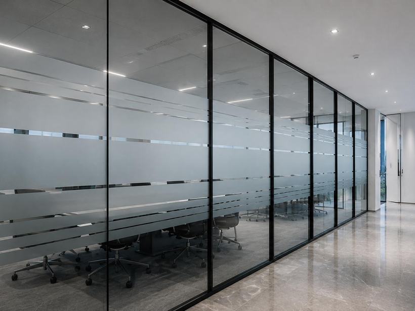 Frosted glass partitions lining an office corridor