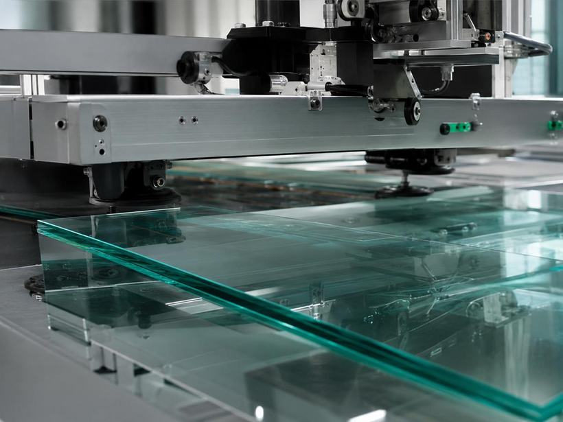 Glass being processed on a fabrication cutting table