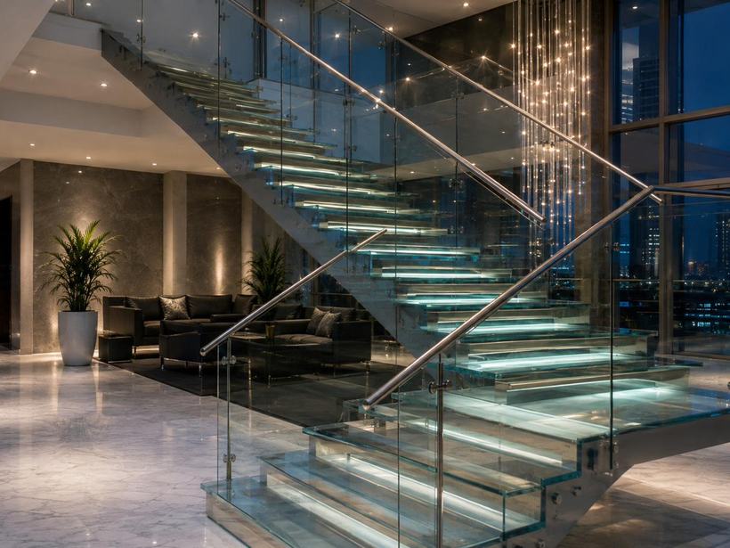 Illuminated glass staircase with structural glass balustrade in a lobby