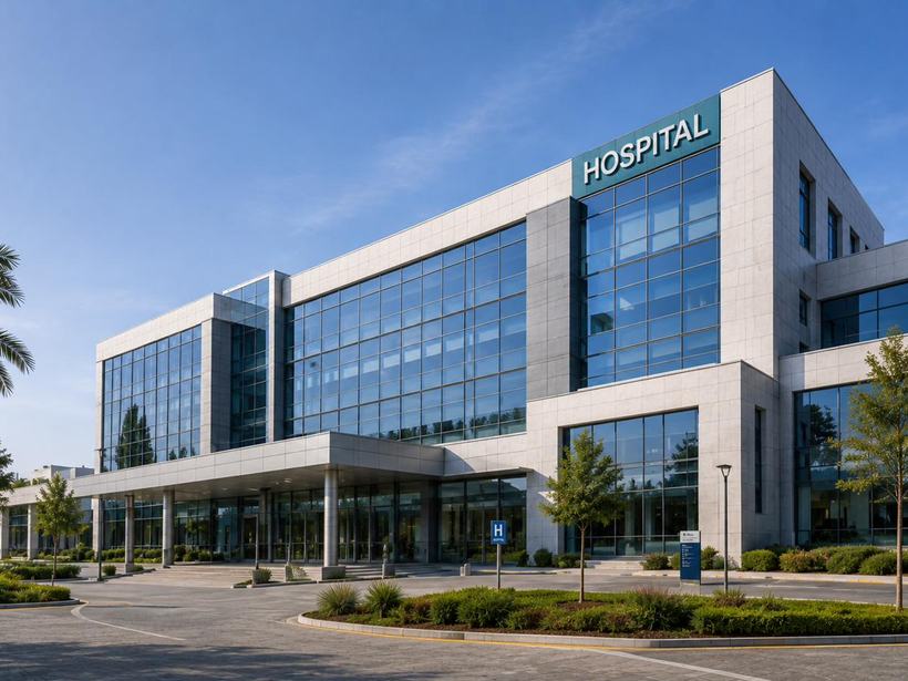 Healthcare facility exterior with aluminium framed glazing