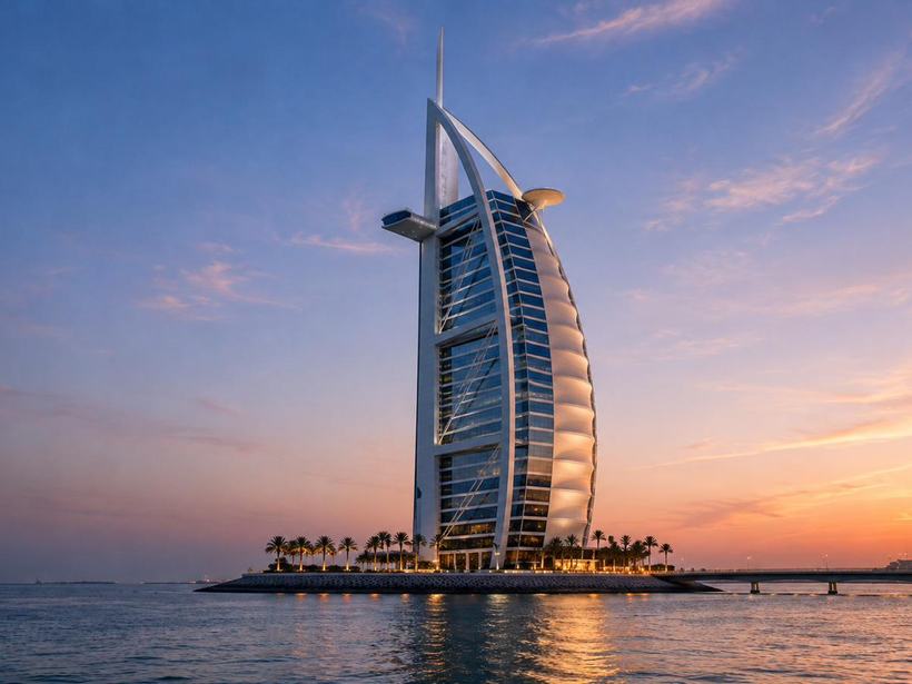 Landmark hospitality development on the Dubai coastline at sunset