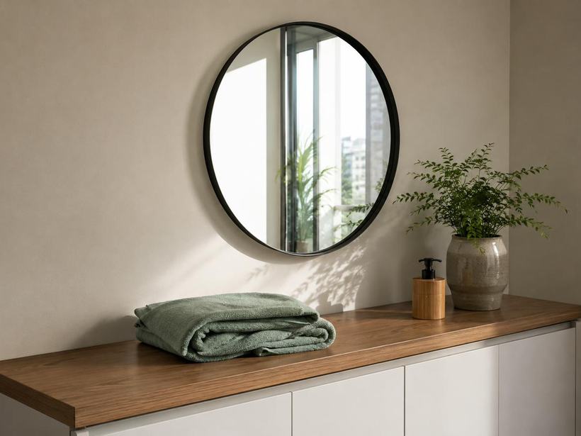 Round mirror installed in a contemporary interior
