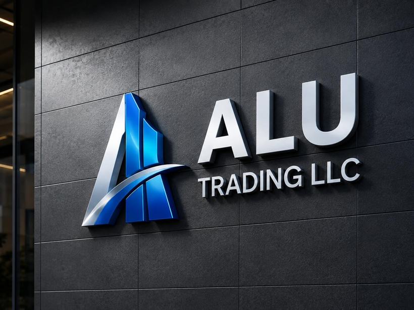 Aluminium composite panel signage wall carrying the A L U Trading LLC identity