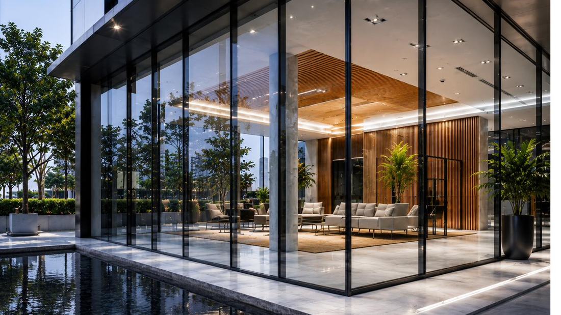 Frameless structural glazing pavilion beside a reflecting pool at dusk