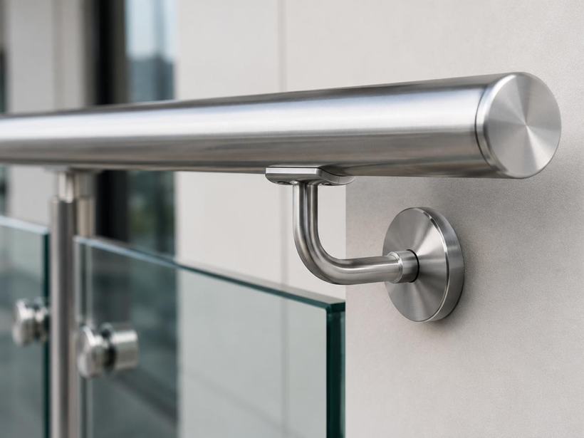 Wall mounted stainless steel handrail with bracket detail