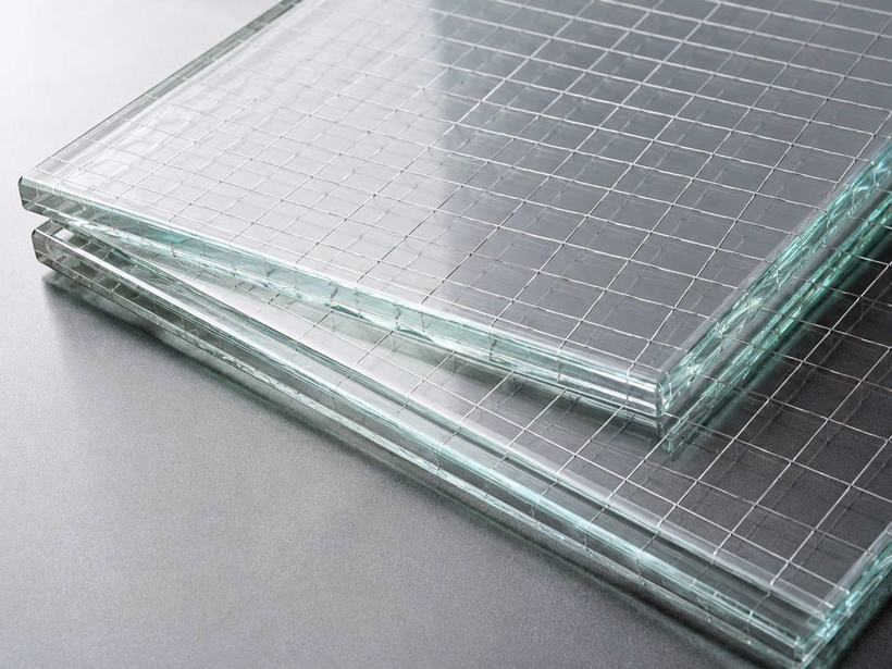 Wired glass panel with embedded steel mesh